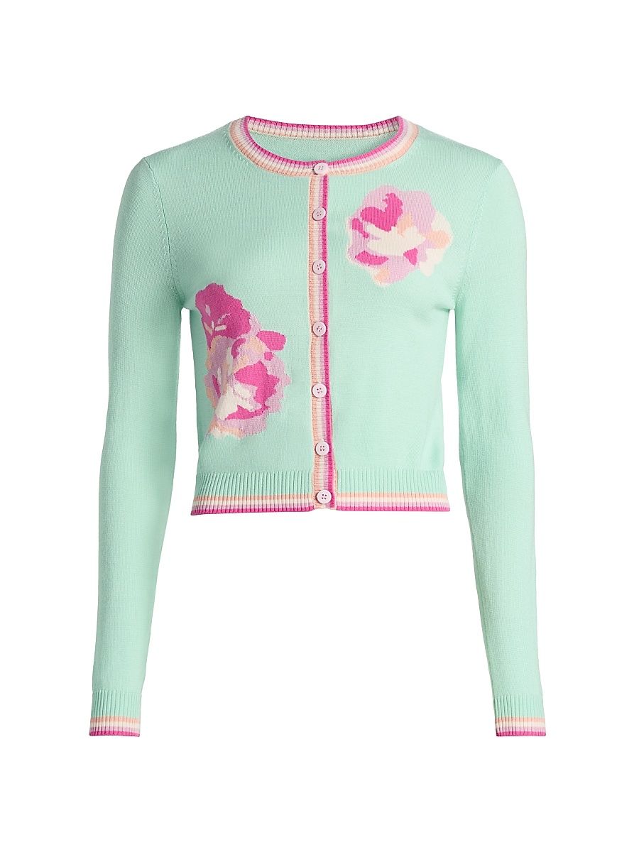 Women's Floral & Stripe Wool Cardigan - Mint Multi - Size XL