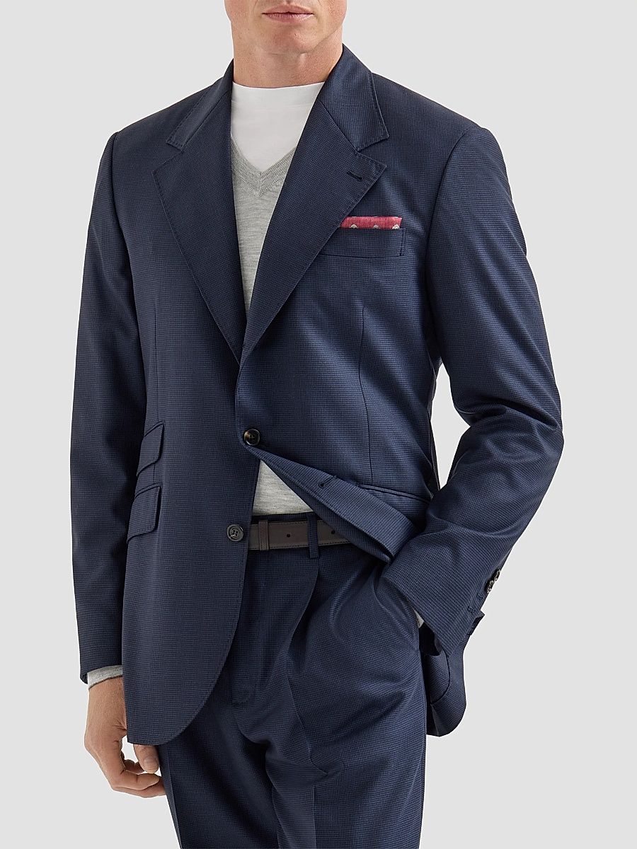 Brunello Cucinelli Men's Virgin Wool Houndstooth Cavallo Tailor Blazer - Navy Blue - Size 40