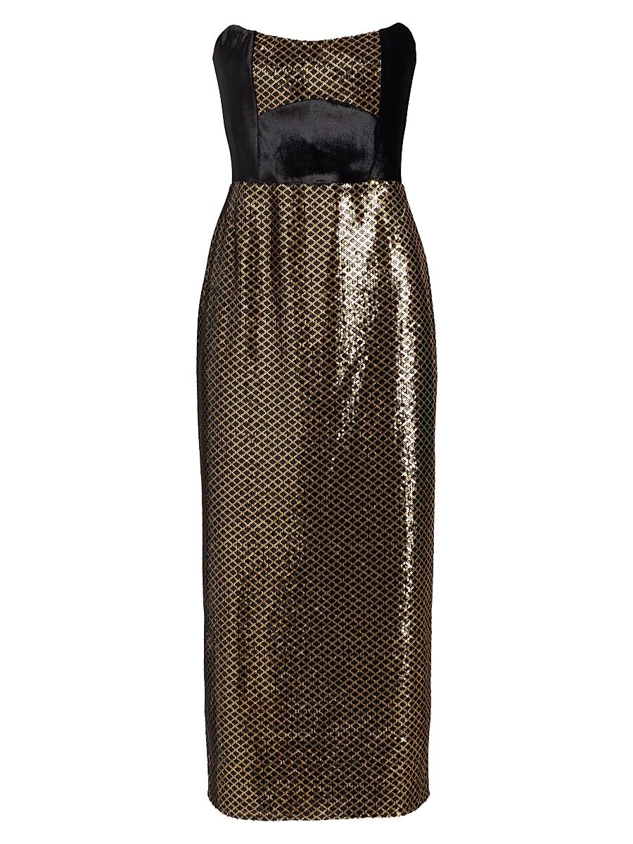 Women's Luna Strapless Velvet & Sequin Midi-Dress - Gold Black - Size 12
