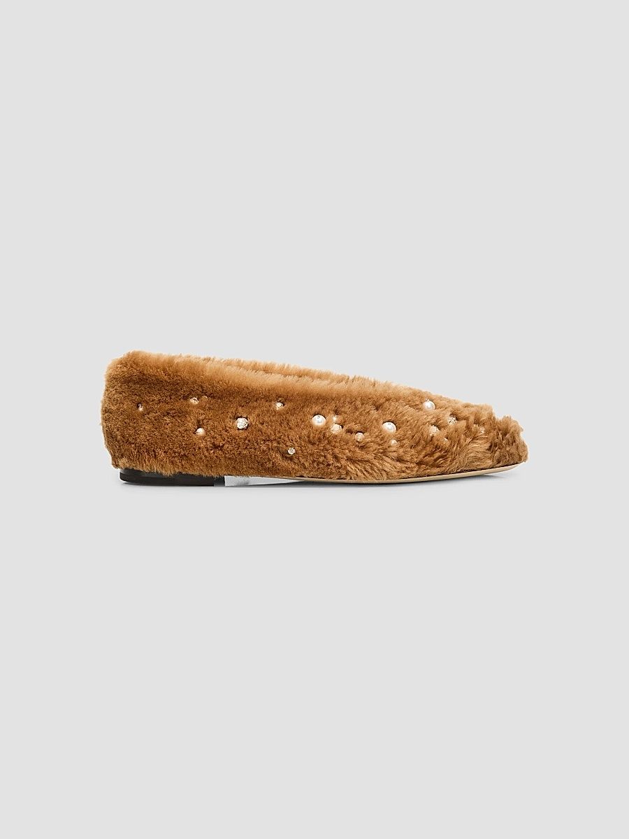 Women's Imitation Pearl-Embellished Shearling Flats - Teddy Mix - Size 12