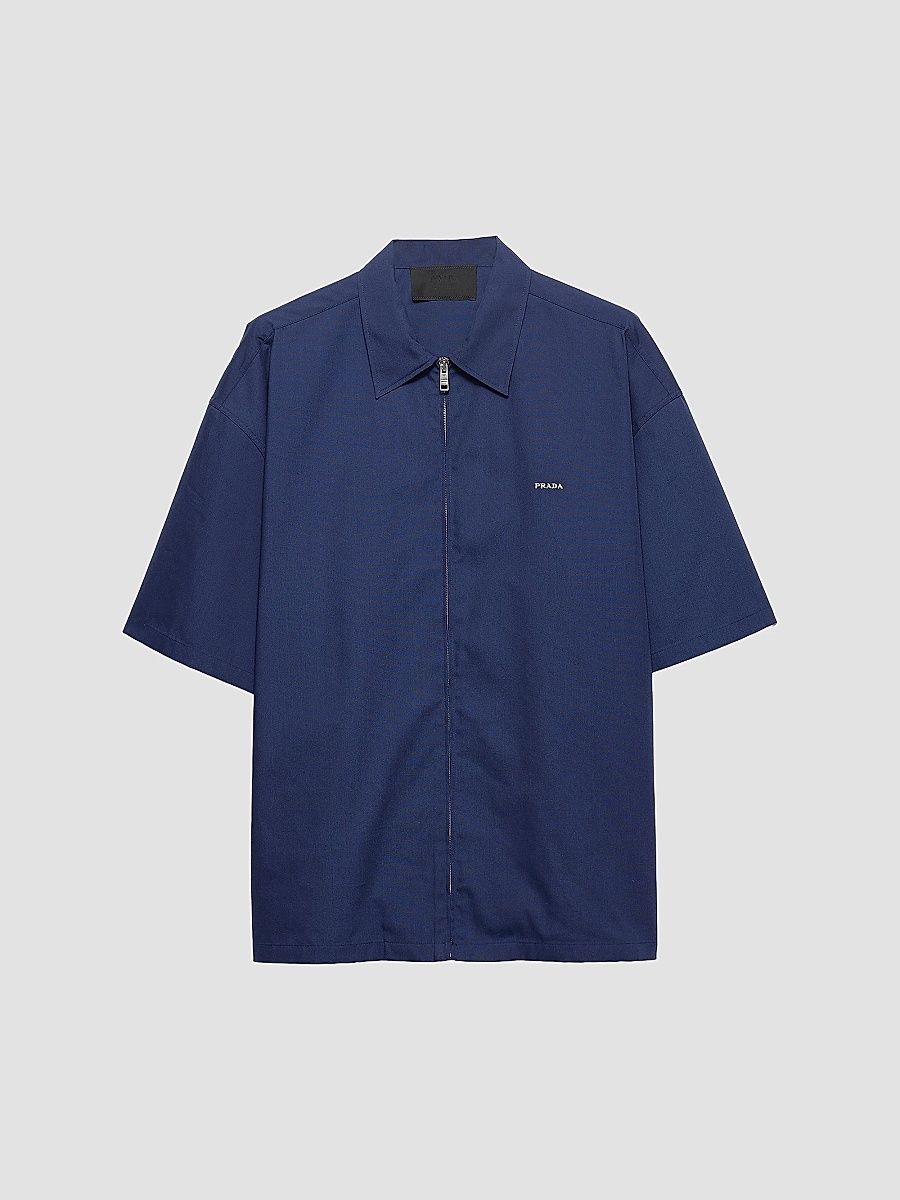 Prada Men's Short-Sleeved Technical Cotton Shirt - Blue - Size Medium