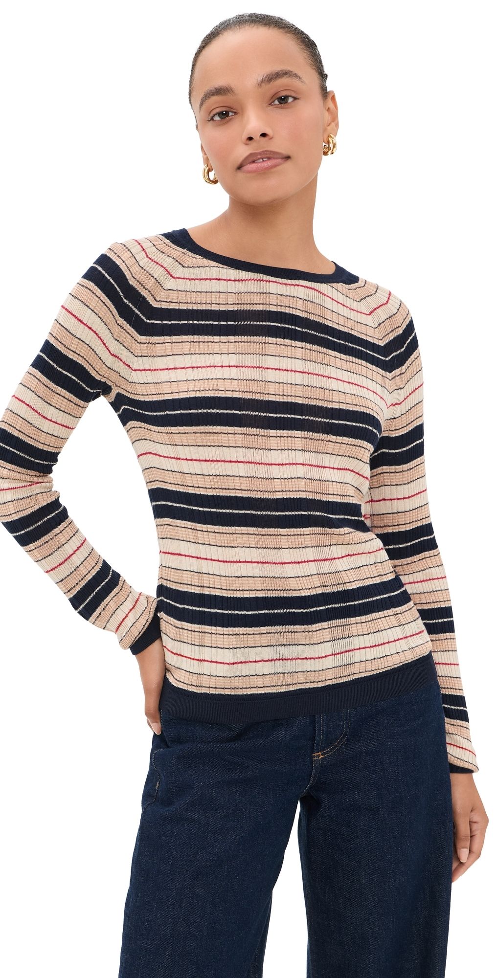 rag & bone Teresa Silk Blend Stripe Crew Pullover NVYMT L