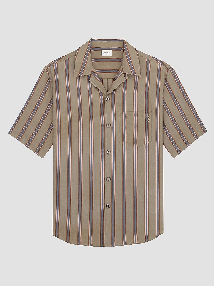 Saint Laurent Men's Cassandre Shirt in Striped Cotton Twill - Taupe Rouge - Size 15.5