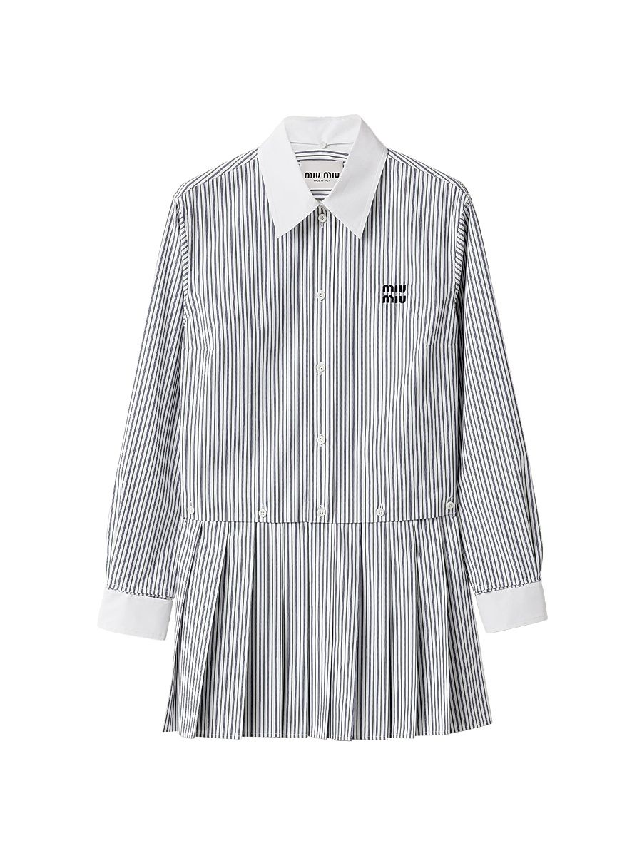 Women's Pleated Striped Poplin Mini-Dress - White - Size 0