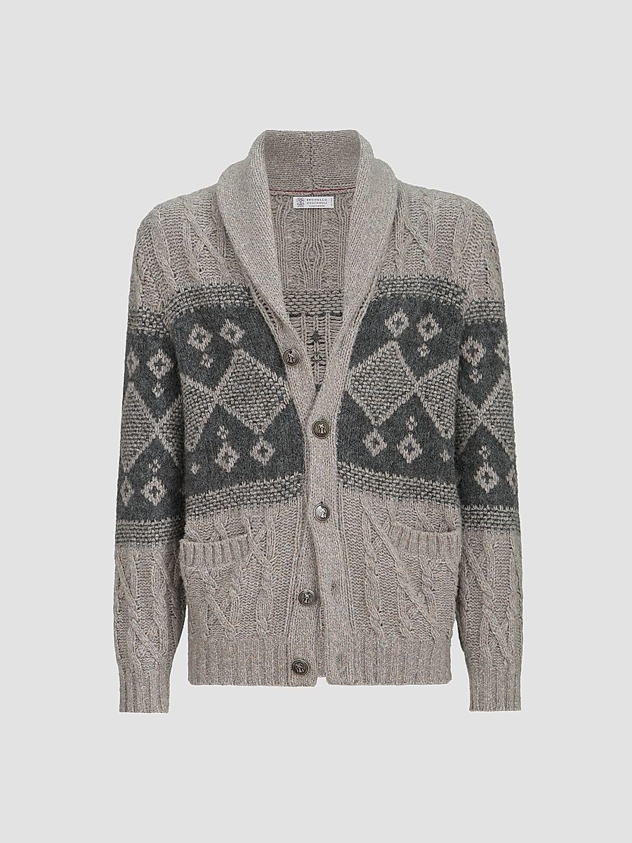 Men's Virgin Wool, Silk and Cashmere Chiné Cable Knit Cardigan - Grey - Size 36