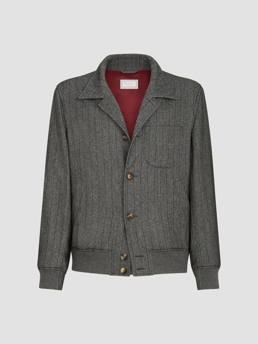 Brunello Cucinelli Men's Cashmere and Silk Chalk Stripe Chevron Outerwear Jacket - Anthracite - Size 44