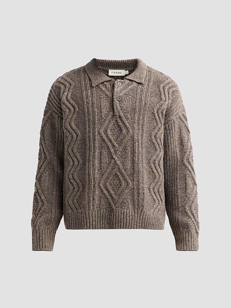 FRAME Men's Cable-Knit Polo Sweater - Brown Olive - Size XL