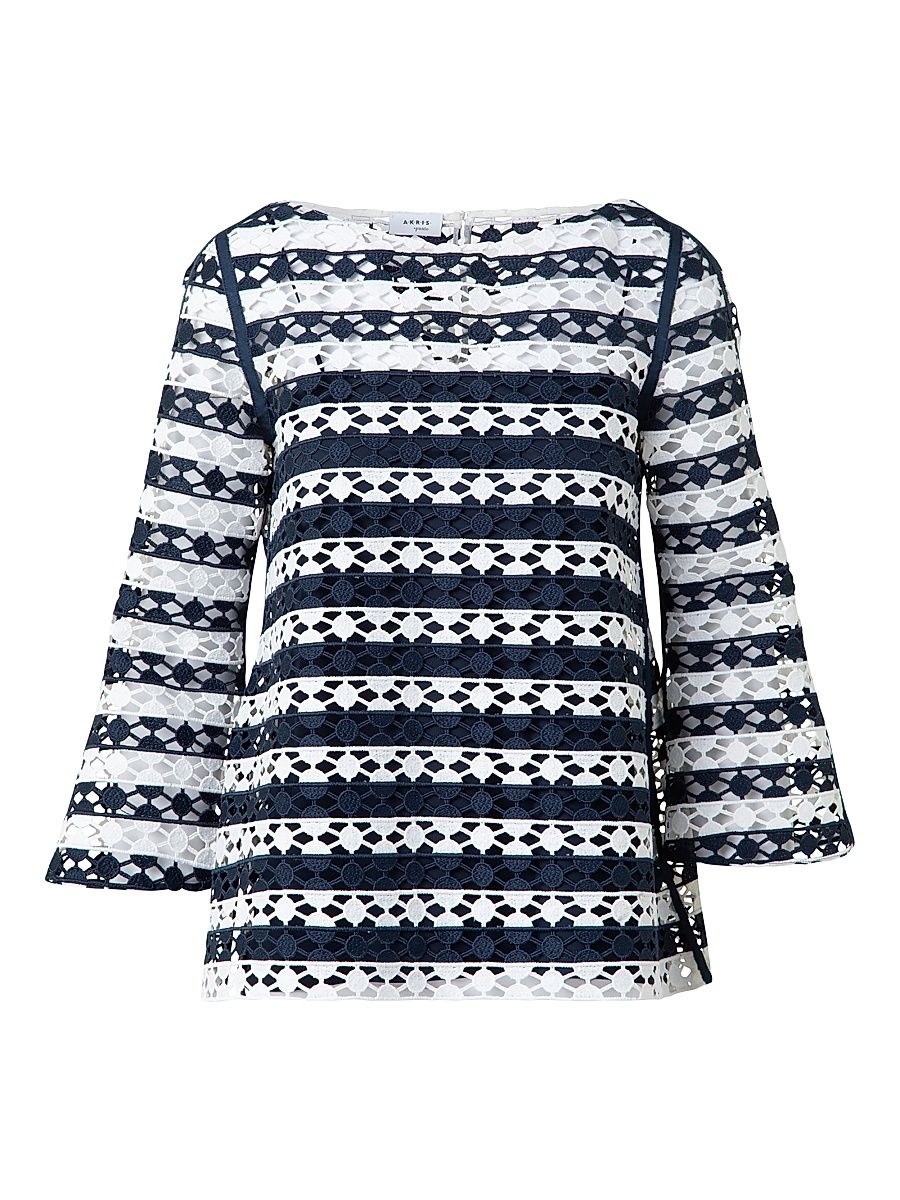 Women's Guipure Lace Relaxed-Fit Top - Cream Navy - Size 4