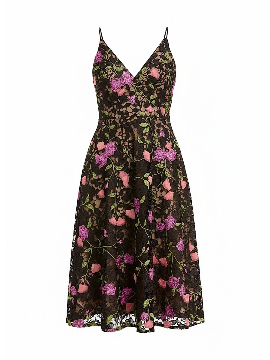 Women's Elisa Floral Fit & Flare Midi-Dress - Black Multi - Size XXL