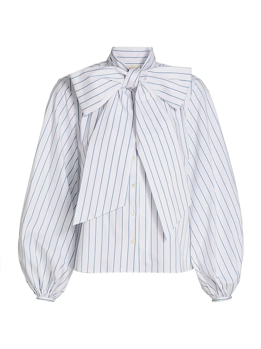 Women's Deon Tie Neck Blouse - White Blue Stripe - Size XXL
