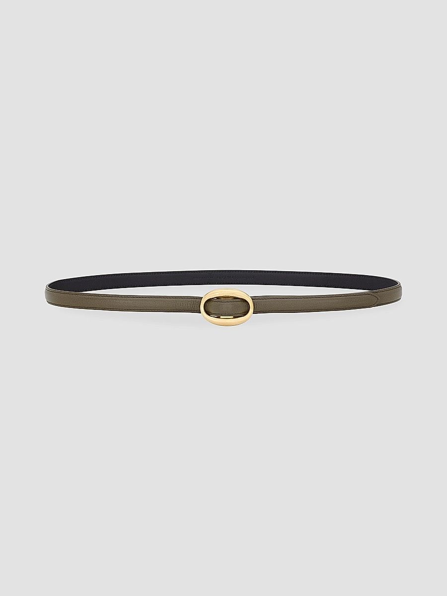 Saint Laurent Women's Oval Buckle Thin Belt in Smooth Leather - Artichocke Green - Size 26