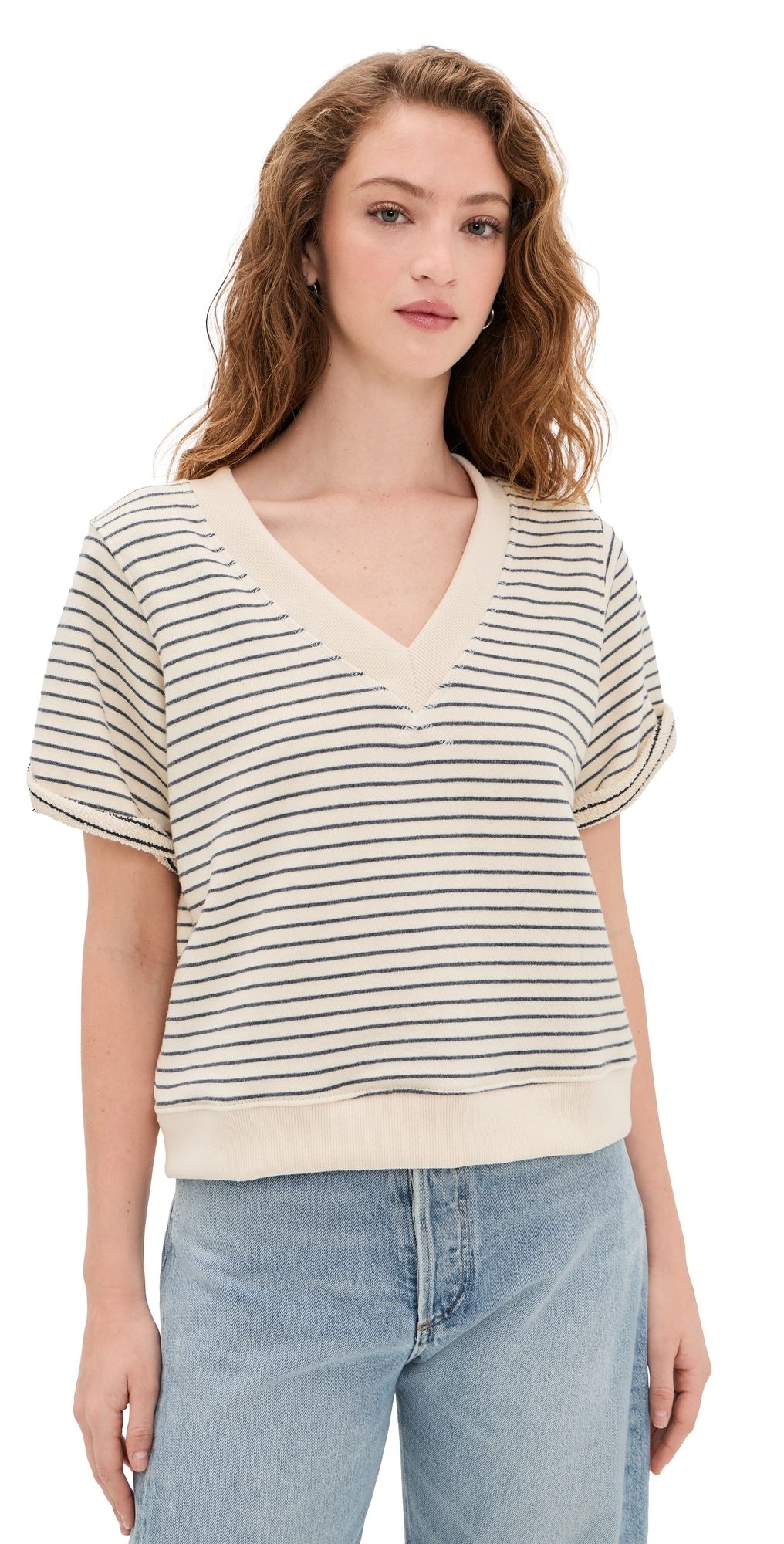 perfectwhitetee French Terry Stripe V-neck Short Sleeve Sweatshirt Natural/Charcoal XS