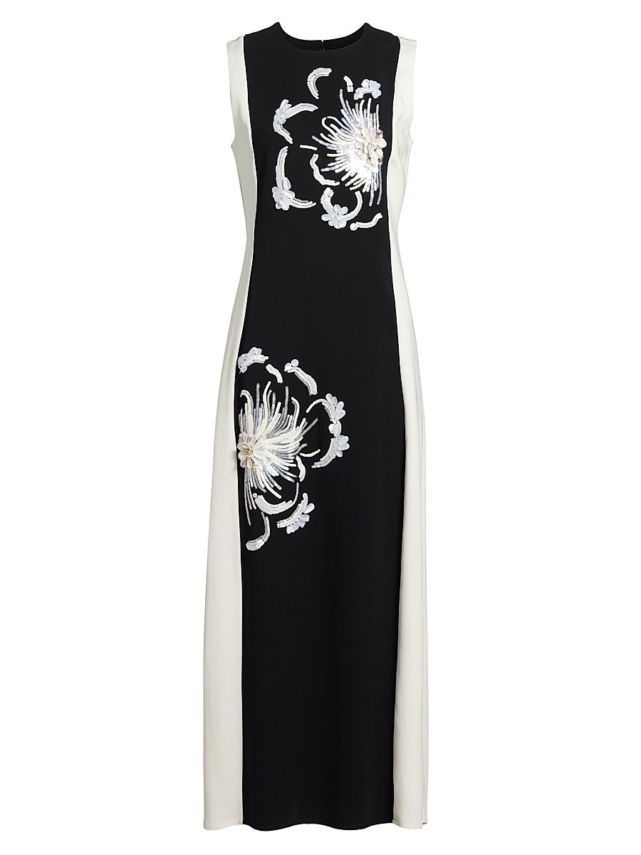 Women's Colette Sequined Floral Stretch-Crêpe Midi-Dress - Black Cream - Size 4