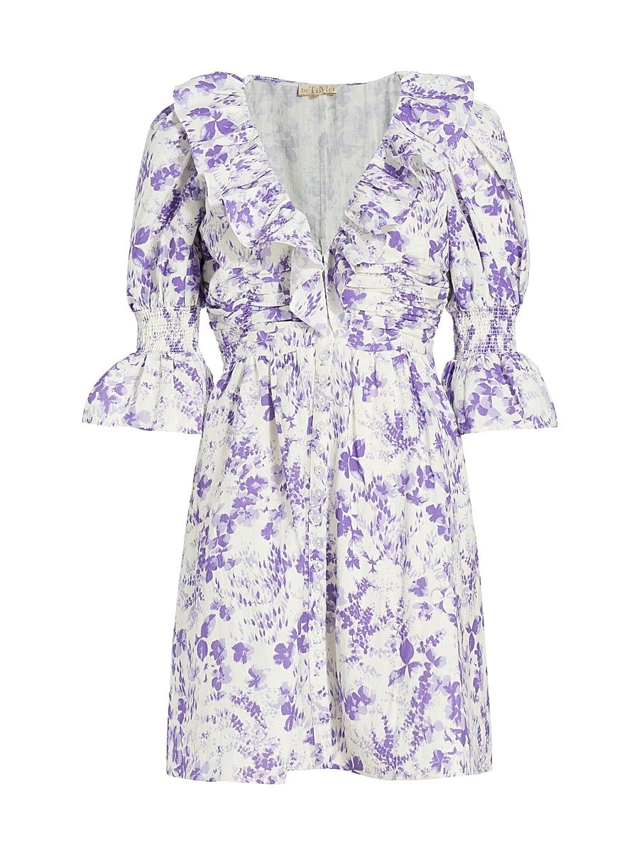 Women's Floral Linen & Cotton Minidress - Lilac Blossom - Size Small
