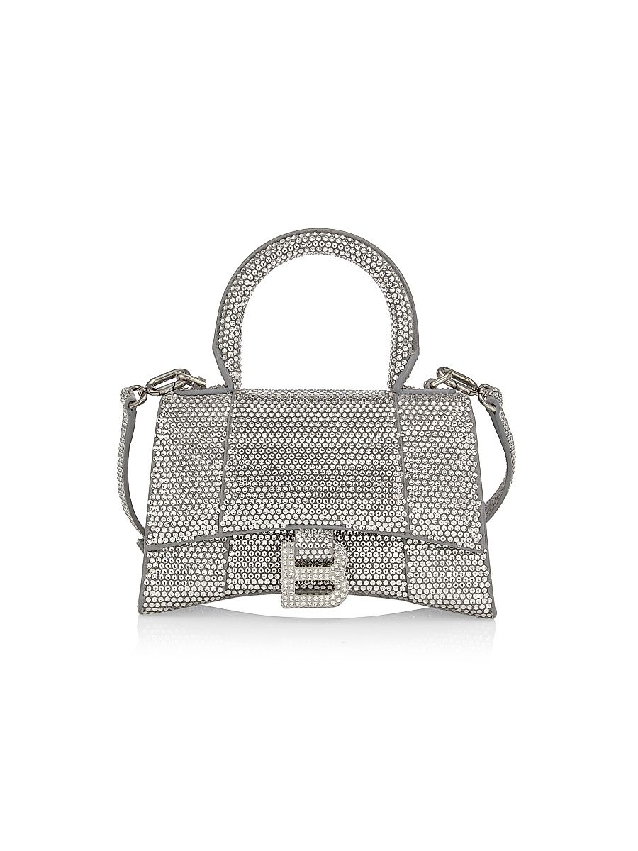 Women's Hourglass XS Suede Top Handle Bag with Chain and Rhinestones - Grey Crystal