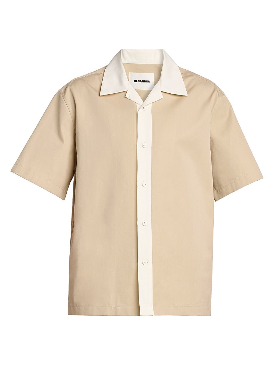 Men's Contrast-Trim Cotton-Silk Poplin Short-Sleeve Shirt - Volcanic Glass - Size 44