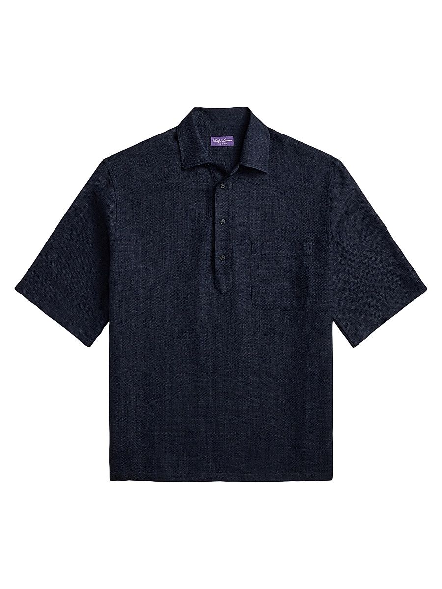 Men's Basket-Weave Linen-Blend Short-Sleeve Sport Shirt - Chairman Navy - Size Large