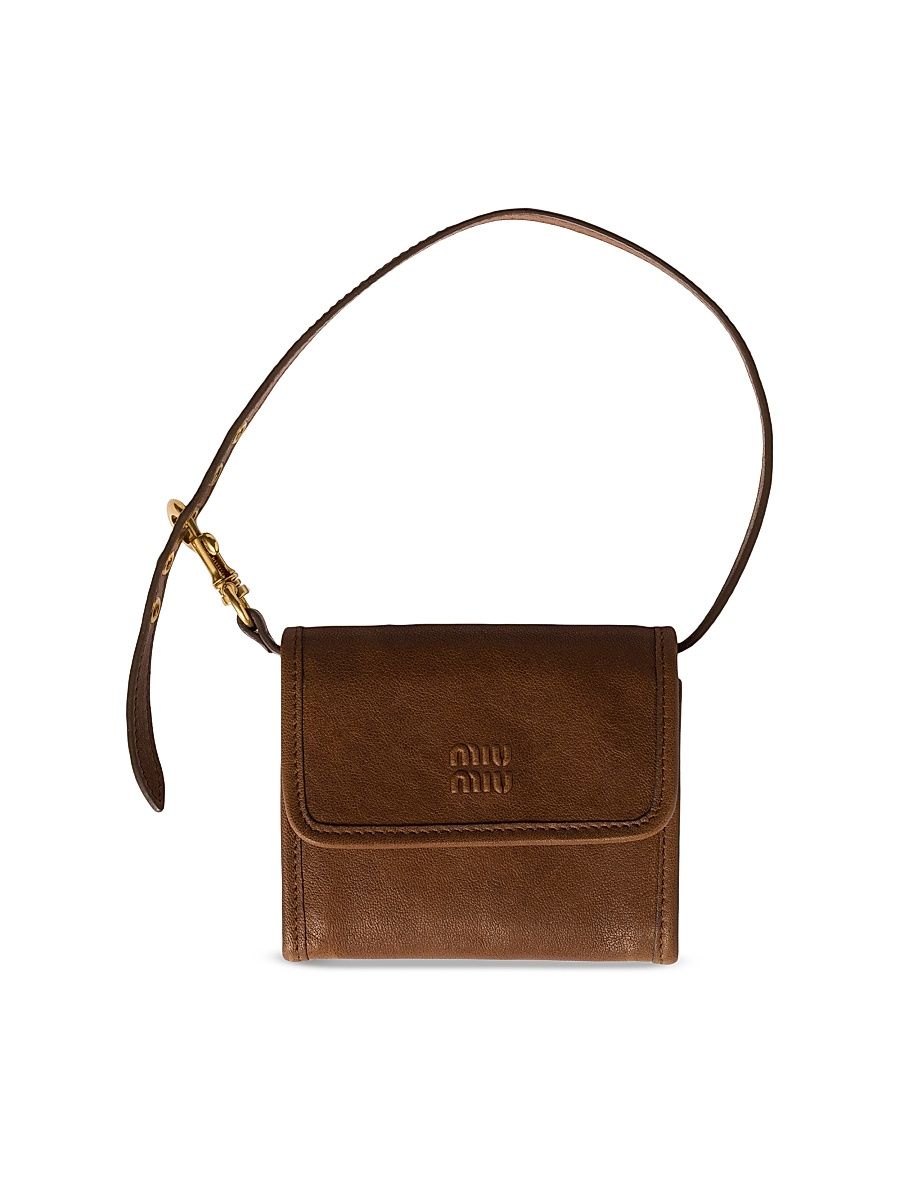 Women's Nappa Leather Wallet with Shoulder Strap - Brown