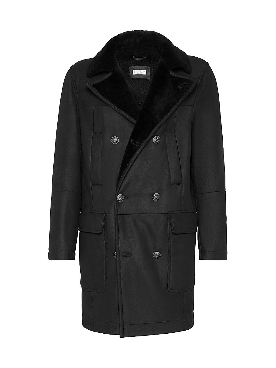Men's Suede Shearling Peacoat - Black - Size XXXL
