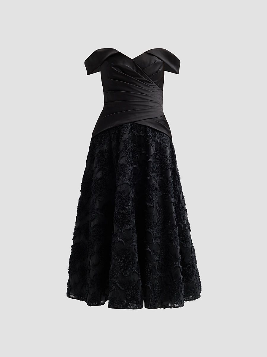 Theia Women's Lila Floral Fil Coupe Off-The-Shoulder Midi Dress - Black - Size 16