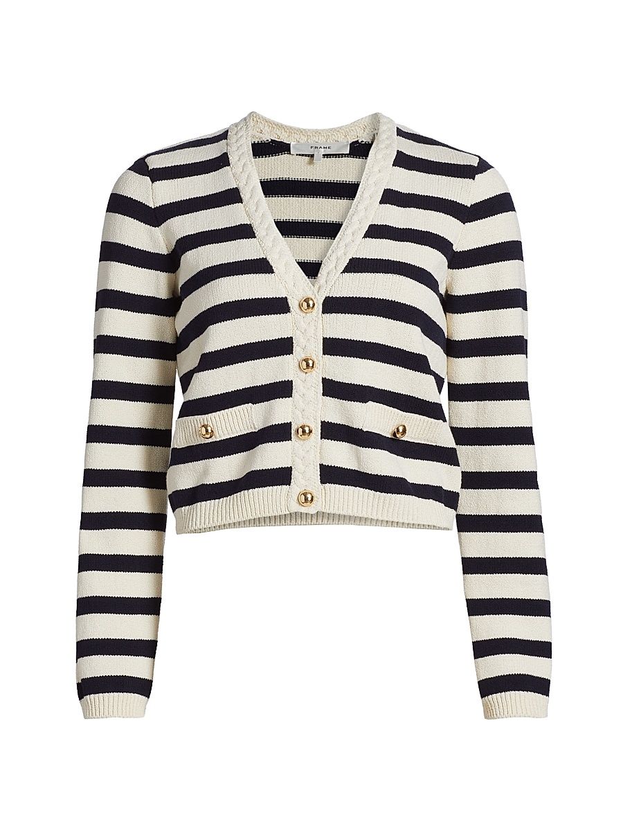 Women's The Harbor Braid-Accented Striped Cardigan - Navy Multi - Size Large