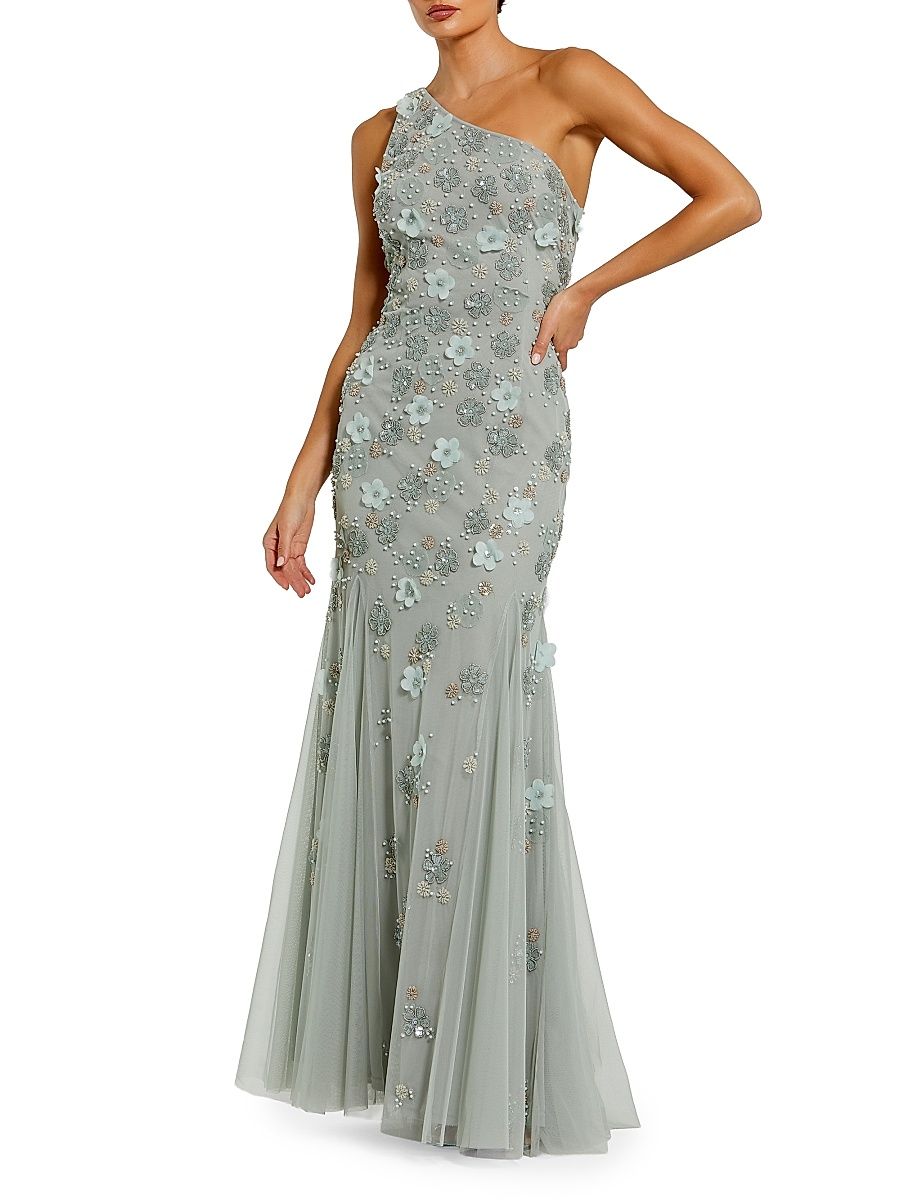 Women's Floral Appliqué One-Shoulder Gown - Sage - Size 12