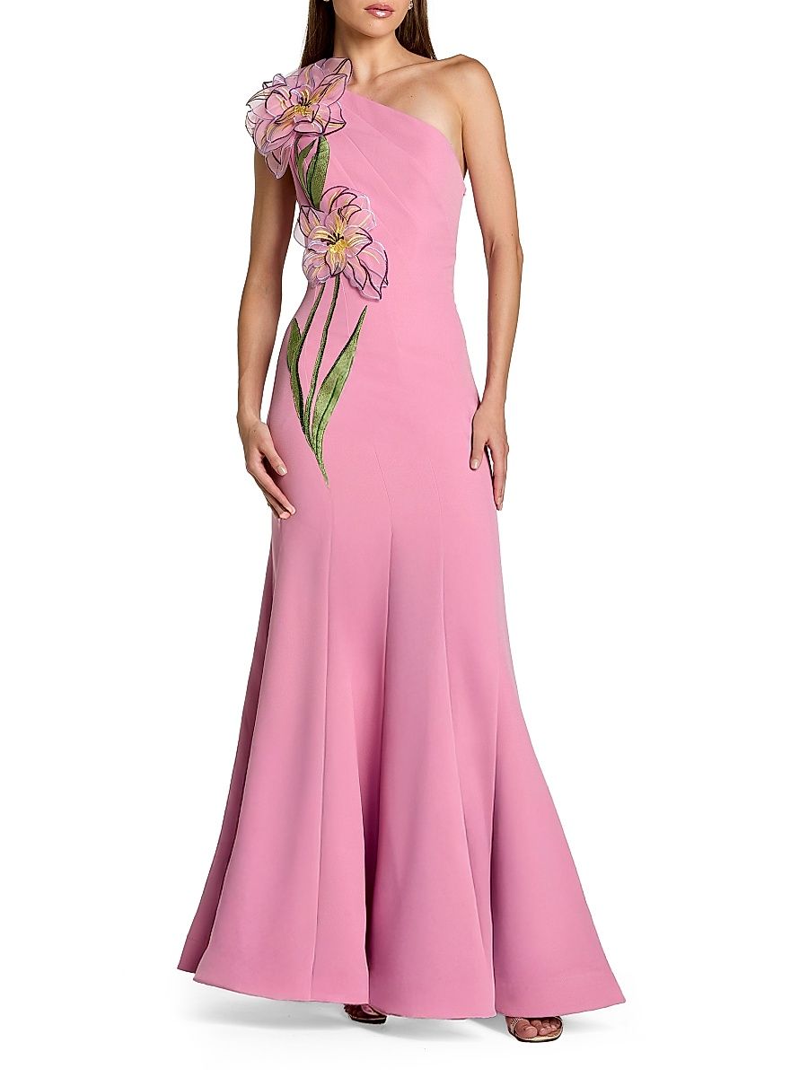 Women's Floral Appliqué One-Shoulder Gown - Orchid - Size 16