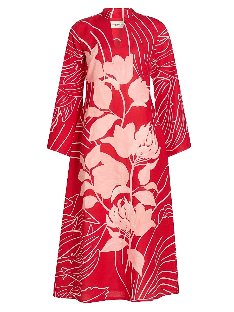 Women's Pushpanjali Wild Tulip Linen-Cotton Tunic Dress - Blush And Red Mono Wild Tulip - Size Medium