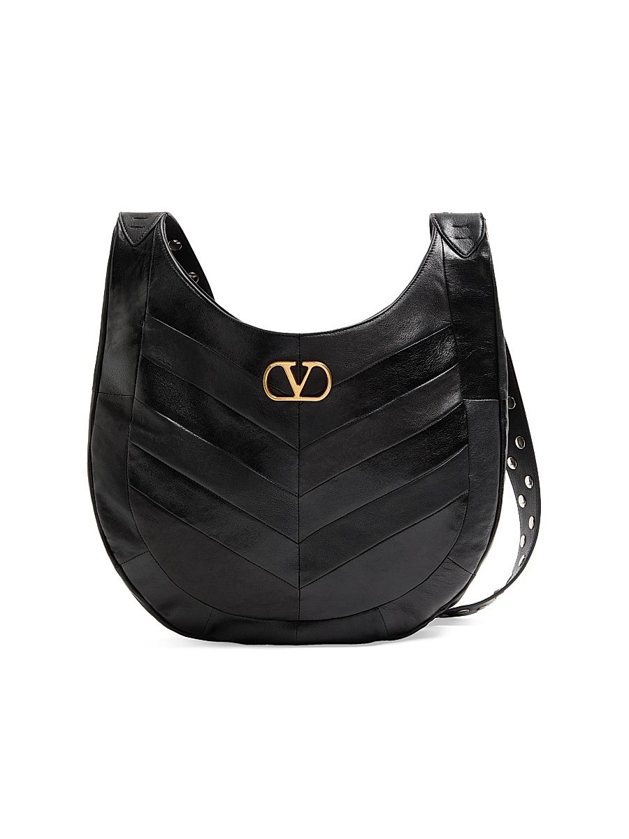 Women's Hoboho Shoulder Bag in Nappa Leather with Chevron Pattern - Black