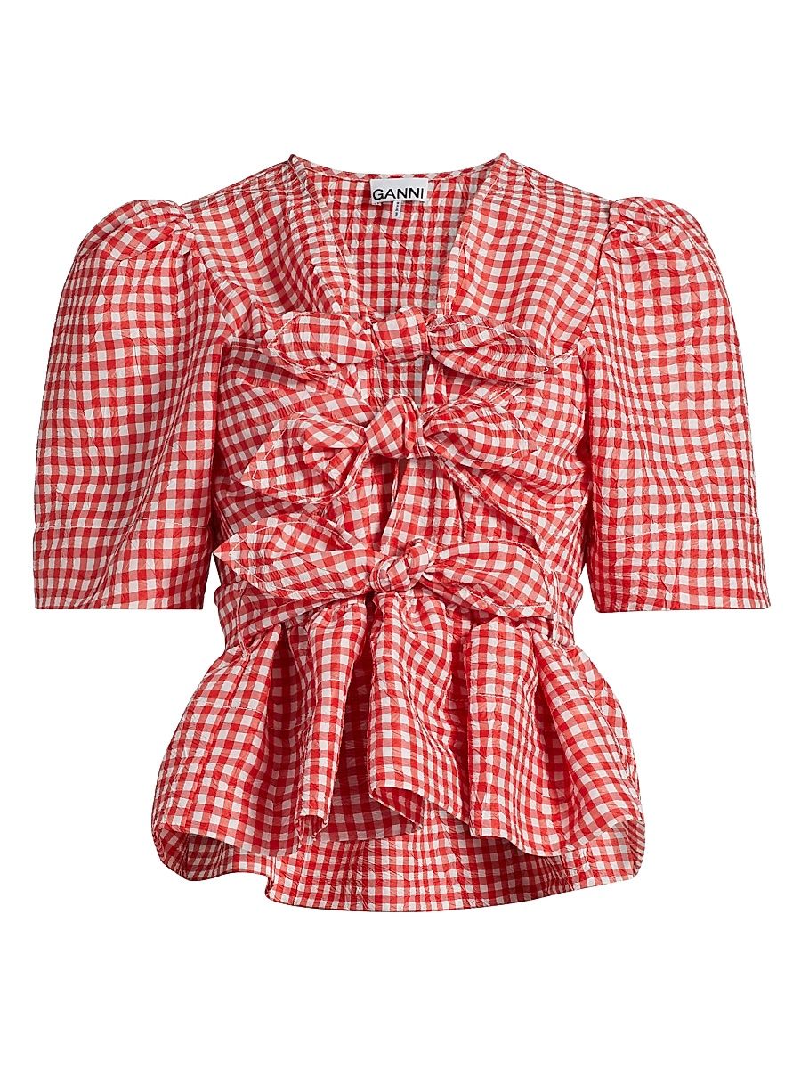 Women's Crinkled Taffeta Check Tie-Front Blouse - Red Alert - Size 8