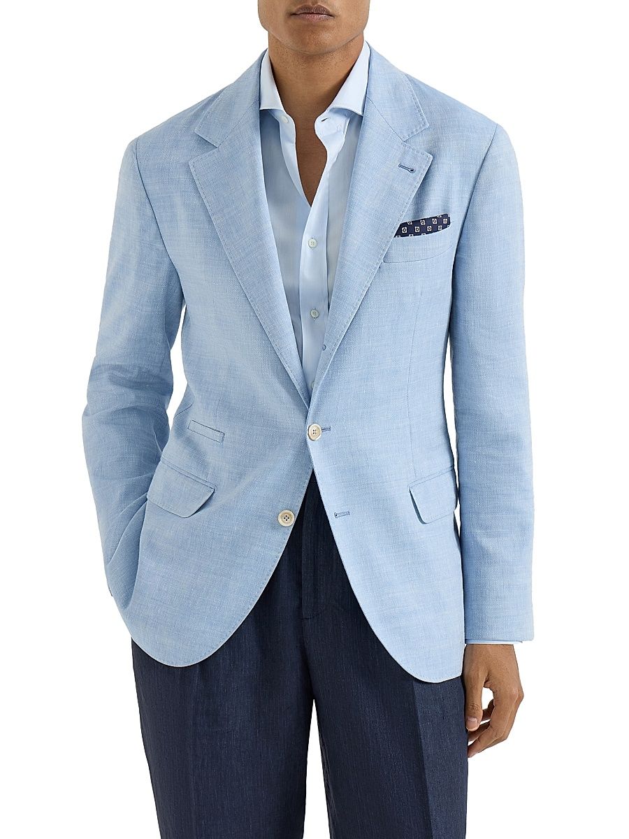 Men's Linen and Virgin Wool Chevron Deconstructed Blazer - Azure - Size 34