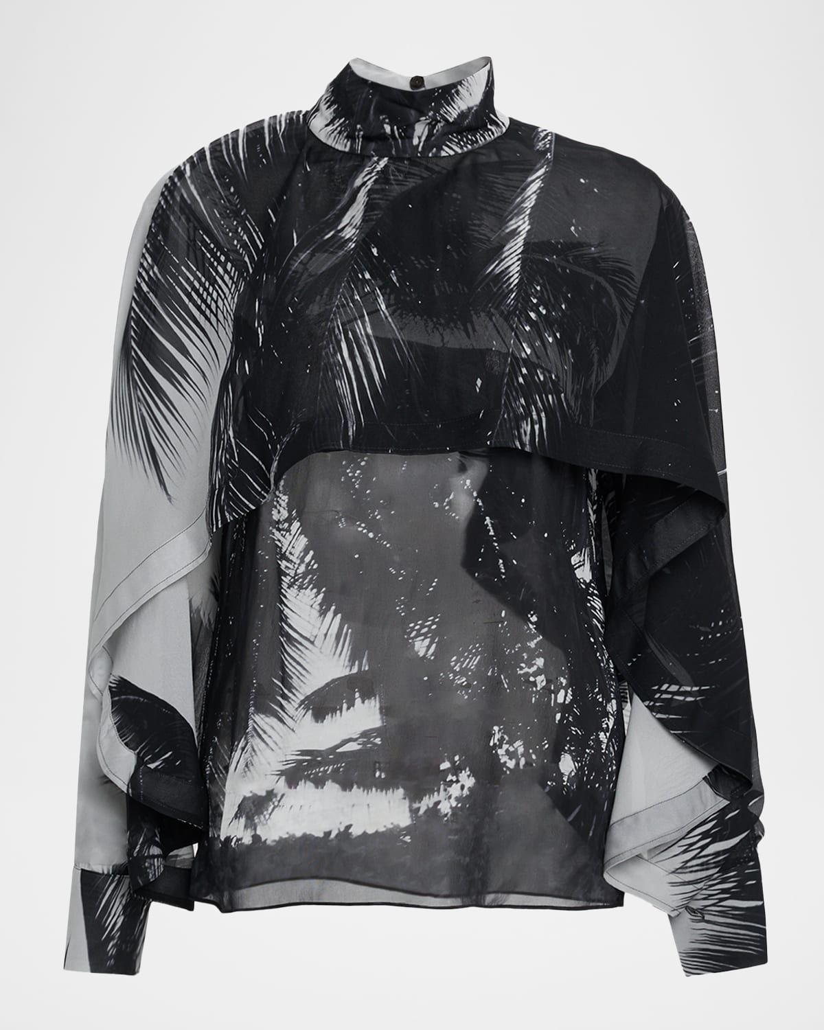 Palm-Print Silk Chiffon Cape Blouse