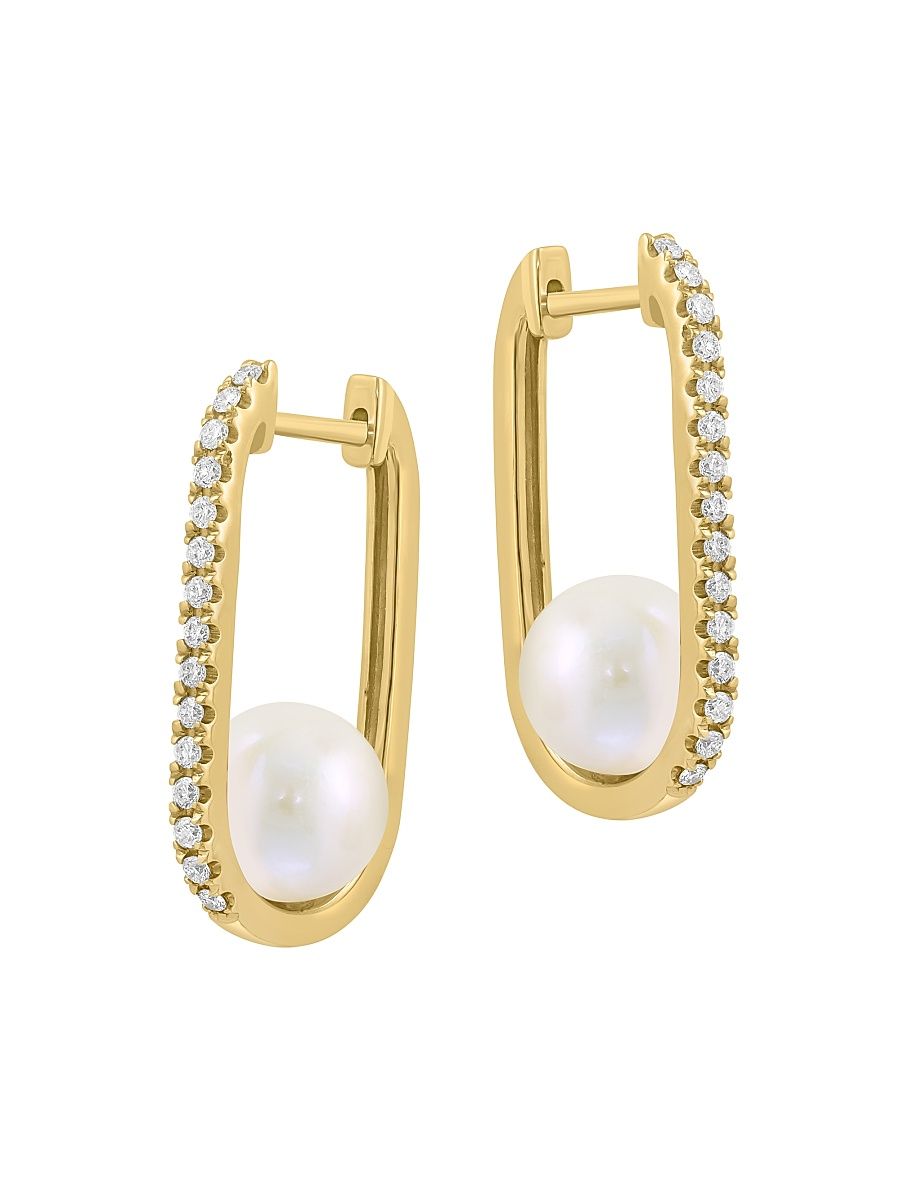 Women's 14K Yellow Gold, 0.29 TCW Diamond & Freshwater Pearl Oval Huggie Earrings - Yellow Gold