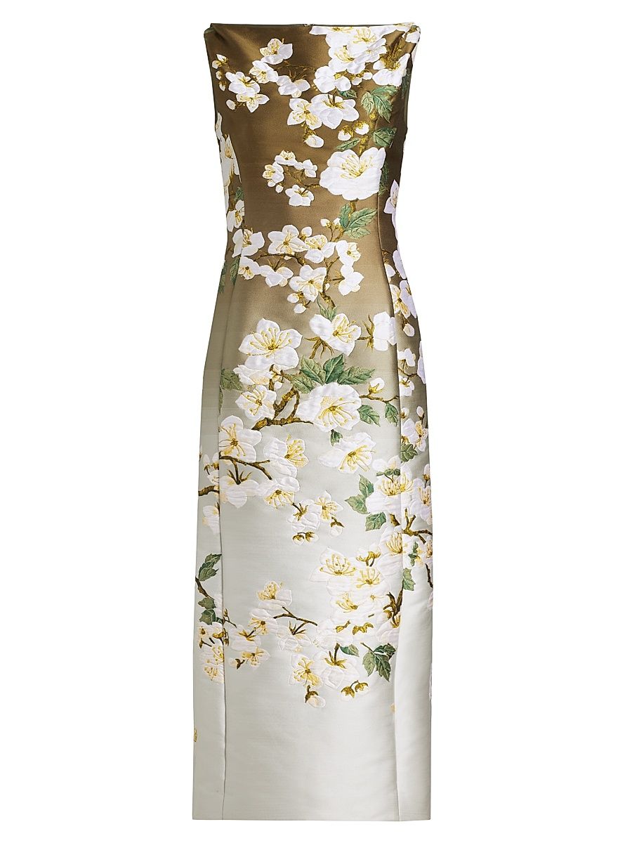 Women's Ombre Cherry Blossom Jacquard Midi-Dress - White Khaki Ombre - Size 6