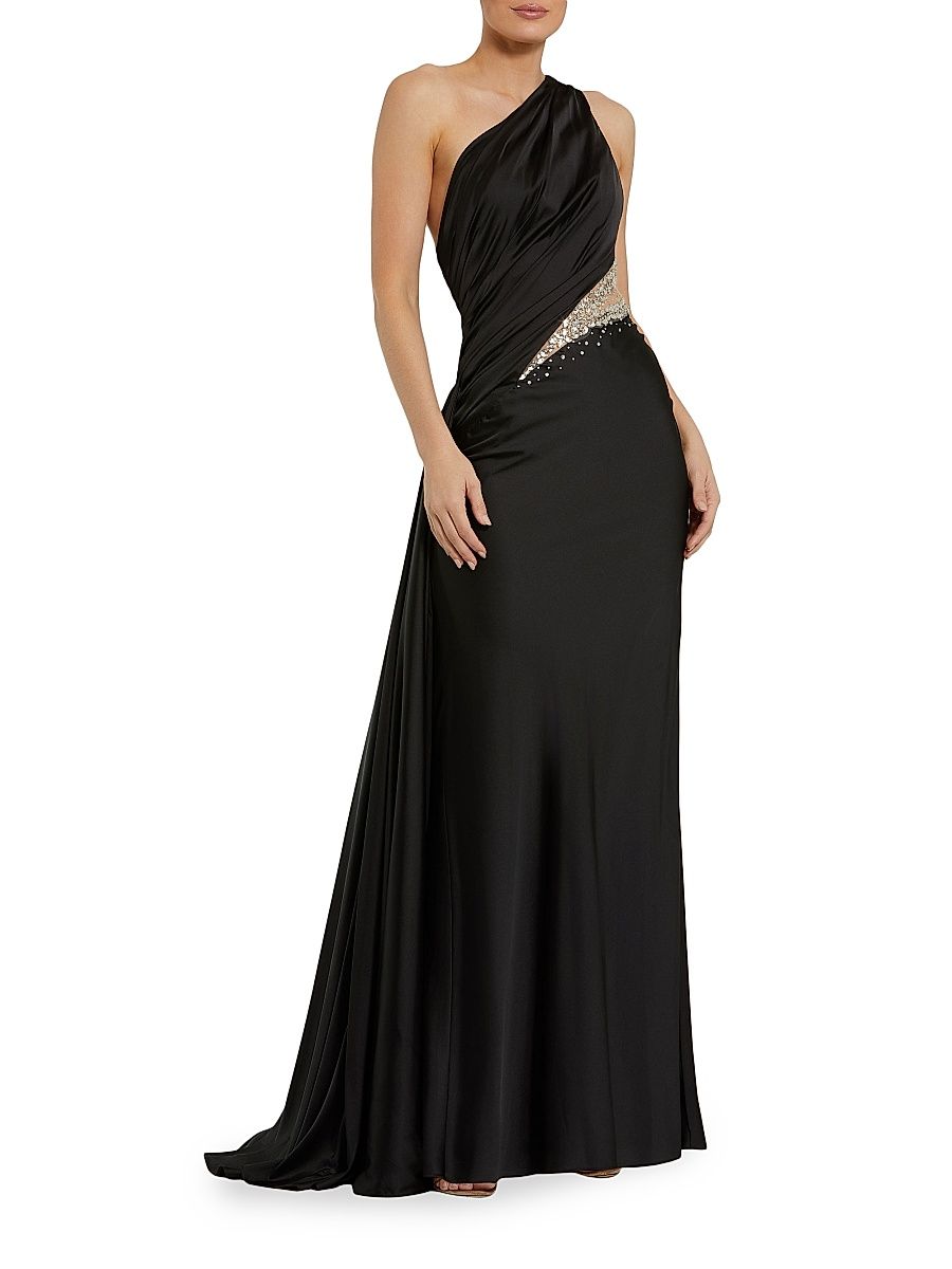 Women's Satin One-Shoulder Gown - Black - Size 14