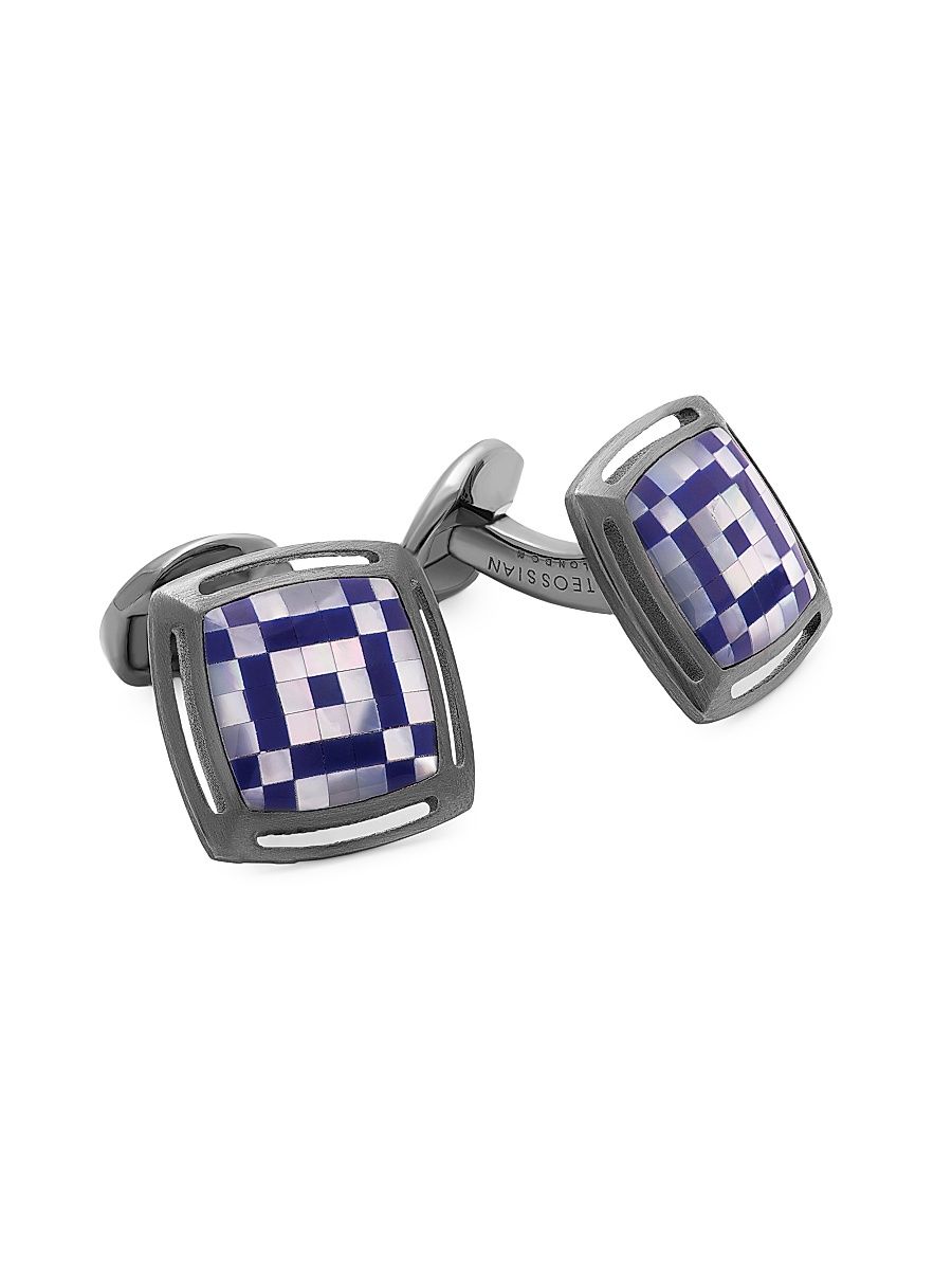 Men's Art Deco Mosaic Mother-of-Pearl, Sodalite & Sterling Silver Cufflinks - Blue