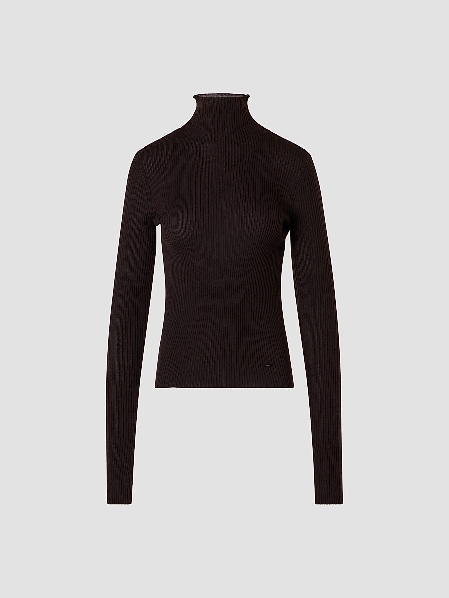 Women's Cashmere-Silk Rib-Knit Turtleneck Sweater - Coffee - Size 14
