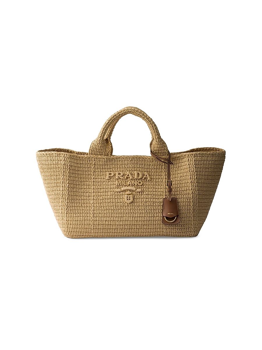 Women's Large Crochet Tote Bag with Leather Details - Beige Khaki