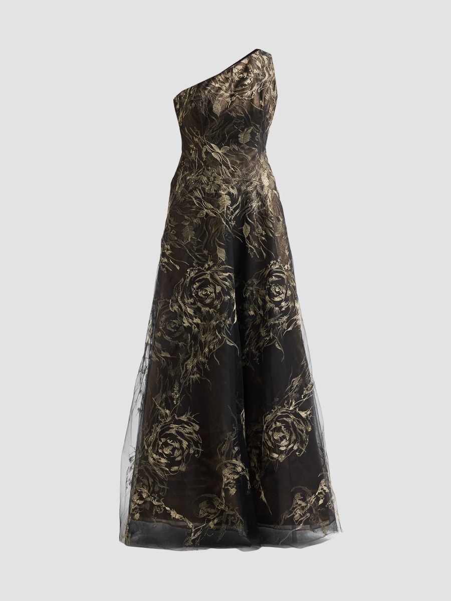 Rene Ruiz Collection Women's One-Shoulder Metallic Floral Tulle Gown - Black Gold - Size 2