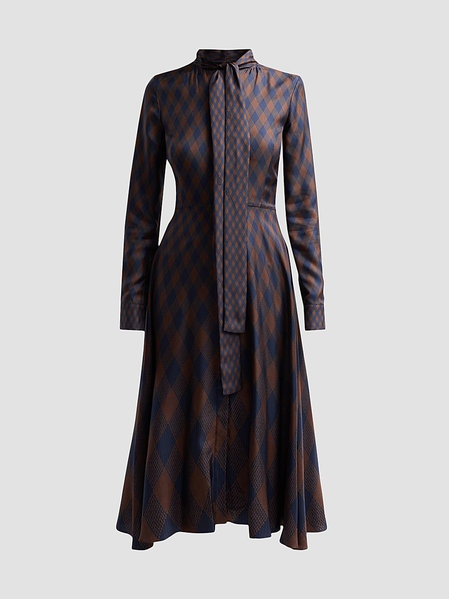 Women's Argyle Silk Twill Tieneck Day Dress - Navy Brown - Size 16