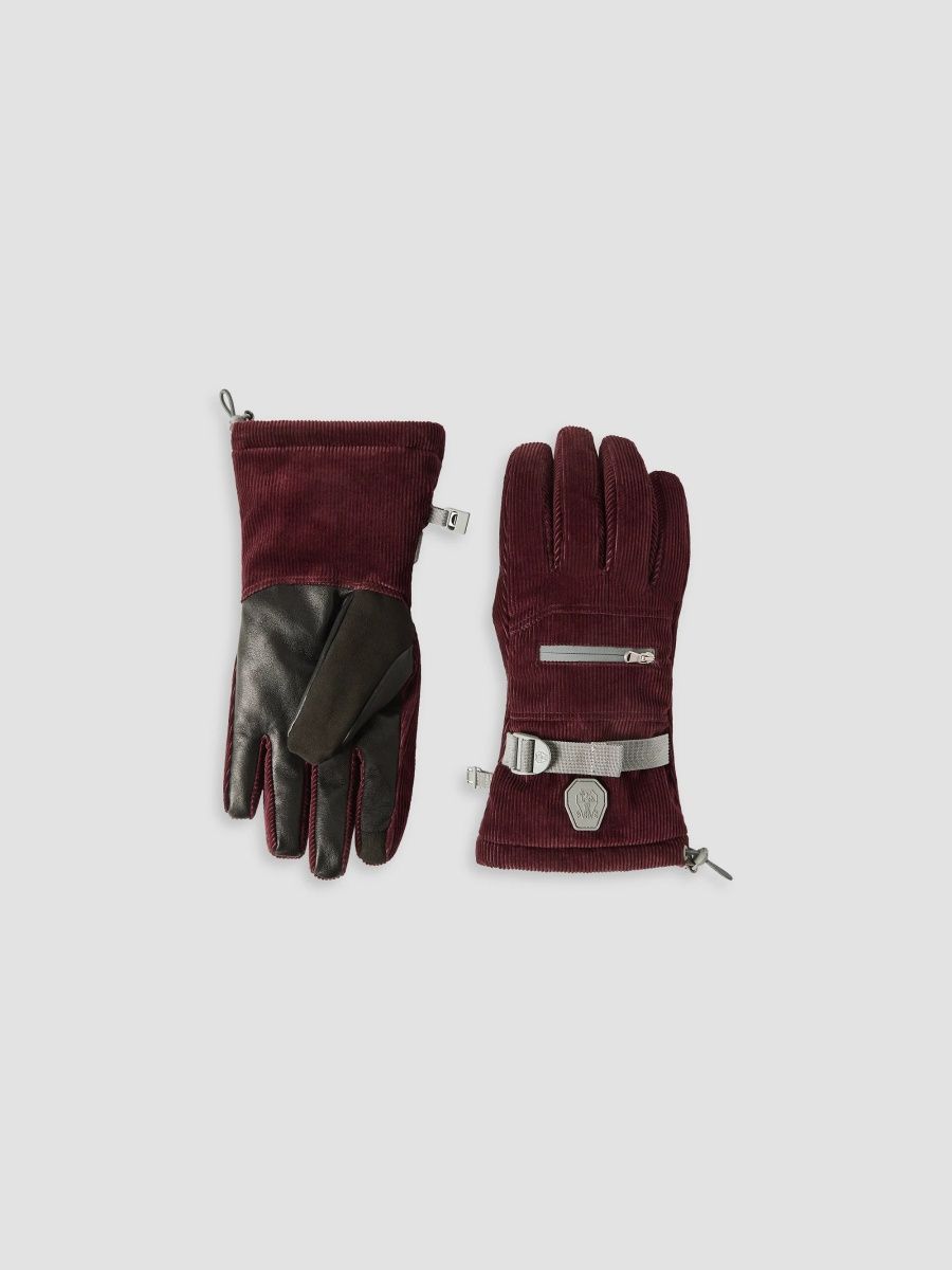 Brunello Cucinelli Men's Bonded Corduroy Mountain Gloves with Logo - Burgundy - Size Large