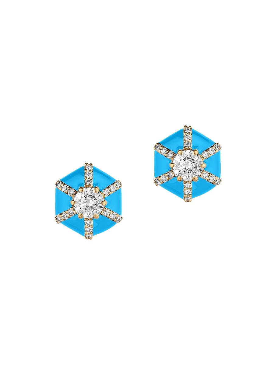 Women's Queen 18K Yellow Gold, Diamond, & Enamel Hexagonal Stud Earrings - Blue