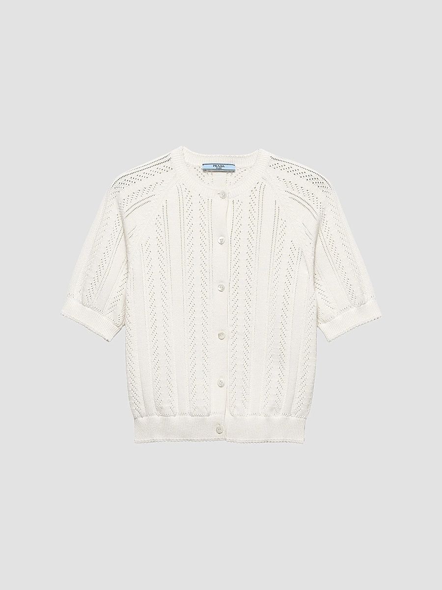 Prada Women's Short-Sleeved Openwork Cotton Cardigan - White - Size 10