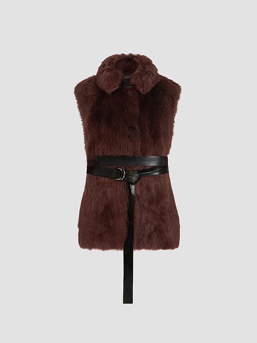 Women's Lux Shearling Vest with Nappa Leather Belt and Monili - Burgundy - Size 4