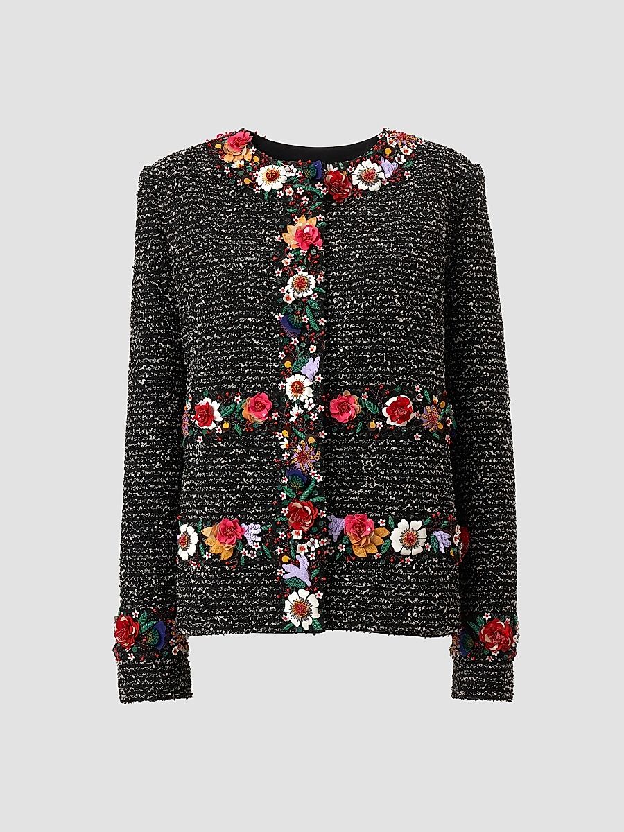 Carolina Herrera Women's 3D Floral Bouclé Long-Sleeve Jacket - Black White - Size 10