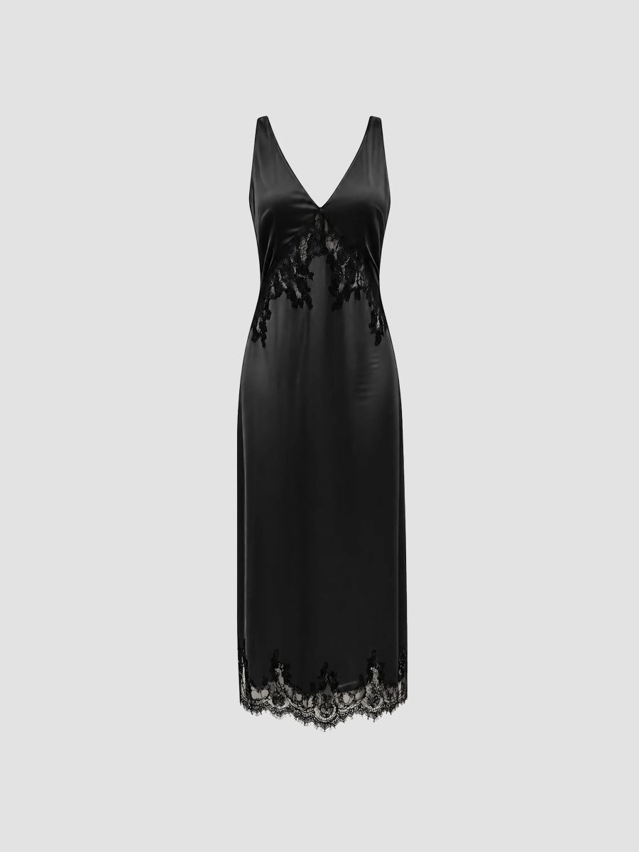 Joe's Jeans Women's The Eden Lace-Trimmed Satin Midi Slipdress - Black - Size 8
