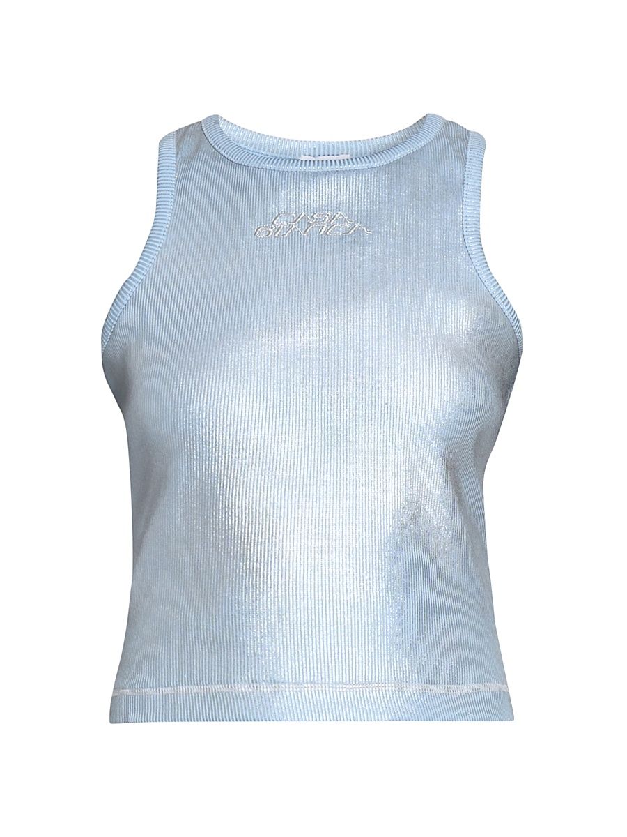 Women's Metallic Rib-Knit Logo Tank - Silver And Blue - Size Large