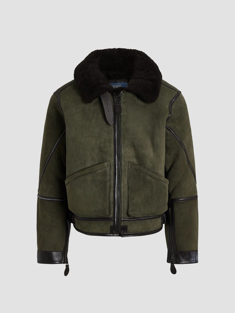 Polo Ralph Lauren Men's Shearling Flight Jacket - Myrtle Green Brown - Size Large