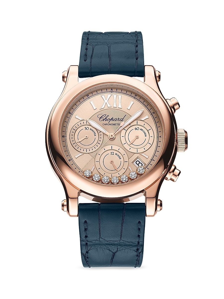 Women's Happy Sport 18K Rose Gold, Diamond, & Alligator Leather Chronograph Watch - Blue