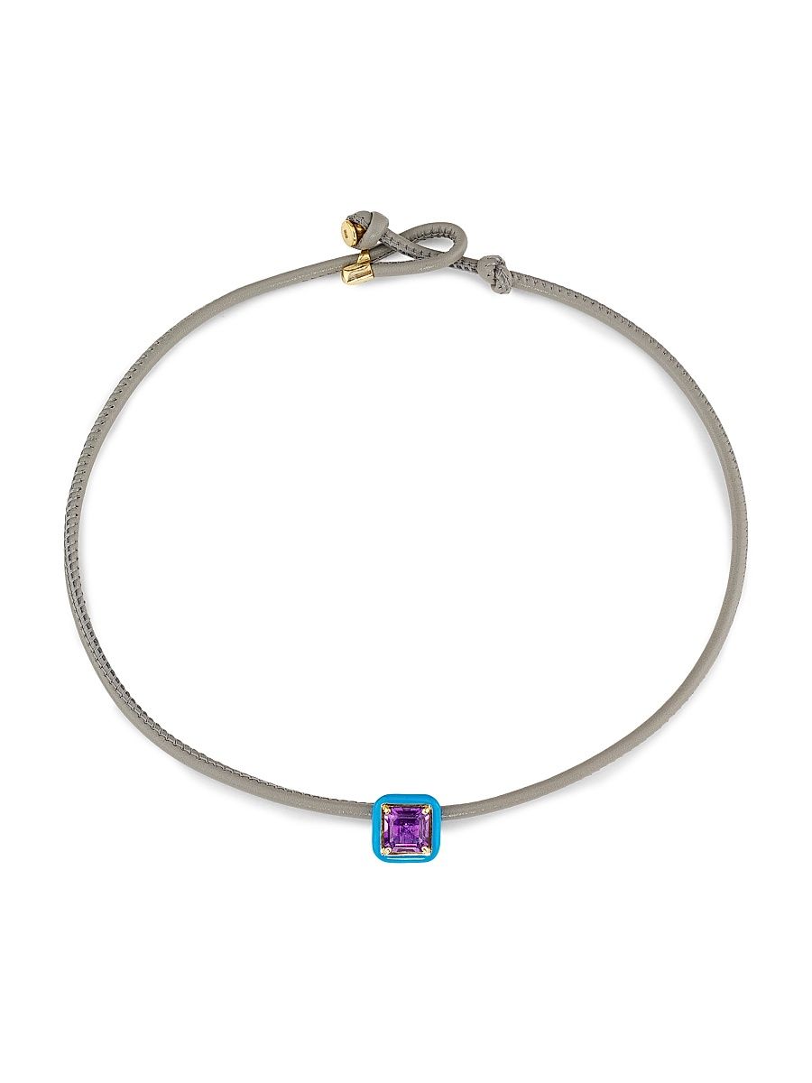 Women's Flower Funk Pop 9K Yellow Gold, Sterling Silver, Amethyst, Leather & Blue Enamel Choker - Yellow Gold